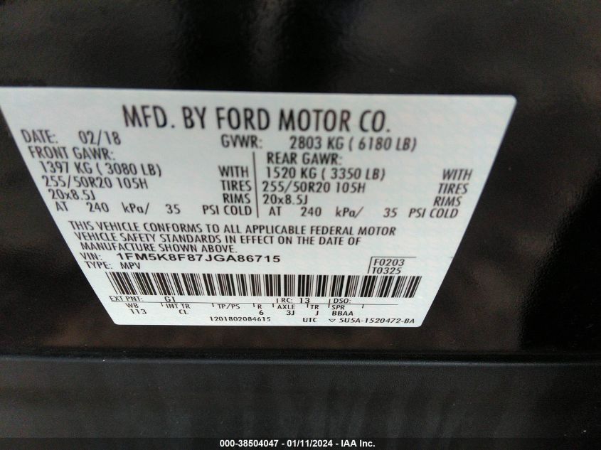 2018 FORD EXPLORER LIMITED - 1FM5K8F87JGA86715