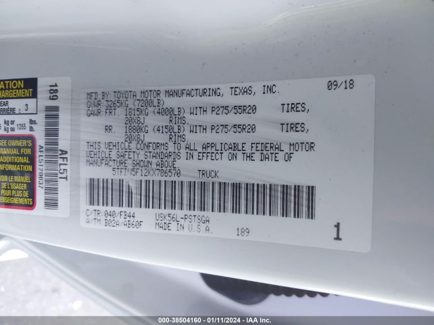 2019 TOYOTA TUNDRA SR5 5.7L V8 - 5TFDW5F12KX786570