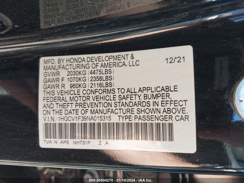 2022 HONDA ACCORD SPORT 1HGCV1F39NA015315