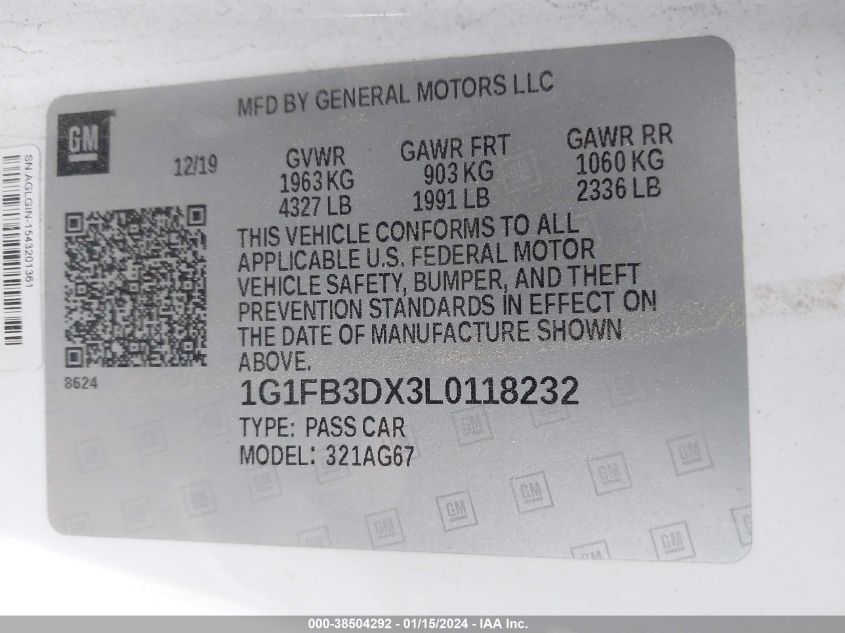 2020 CHEVROLET CAMARO LS/LT - 1G1FB3DX3L0118232