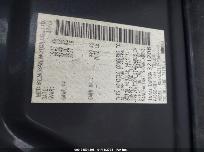 2016 NISSAN ALTIMA 2.5/S/SV/SL/SR - 1N4AL3AP0GN321208