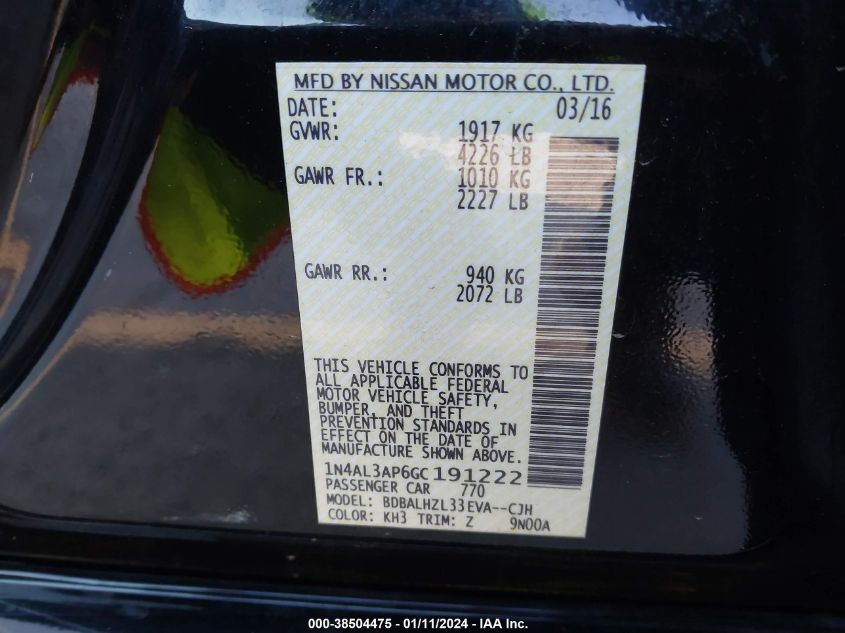 2016 NISSAN ALTIMA 2.5/S/SV/SL/SR - 1N4AL3AP6GC191222
