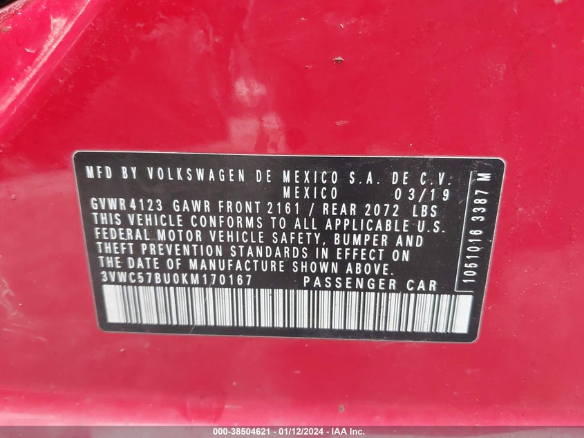 VIN 3VWC57BU0KM170167 2019 VOLKSWAGEN JETTA S/SE/R-LINE