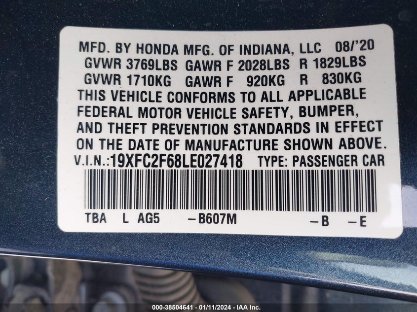 VIN 19XFC2F68LE027418 2020 HONDA CIVIC LX