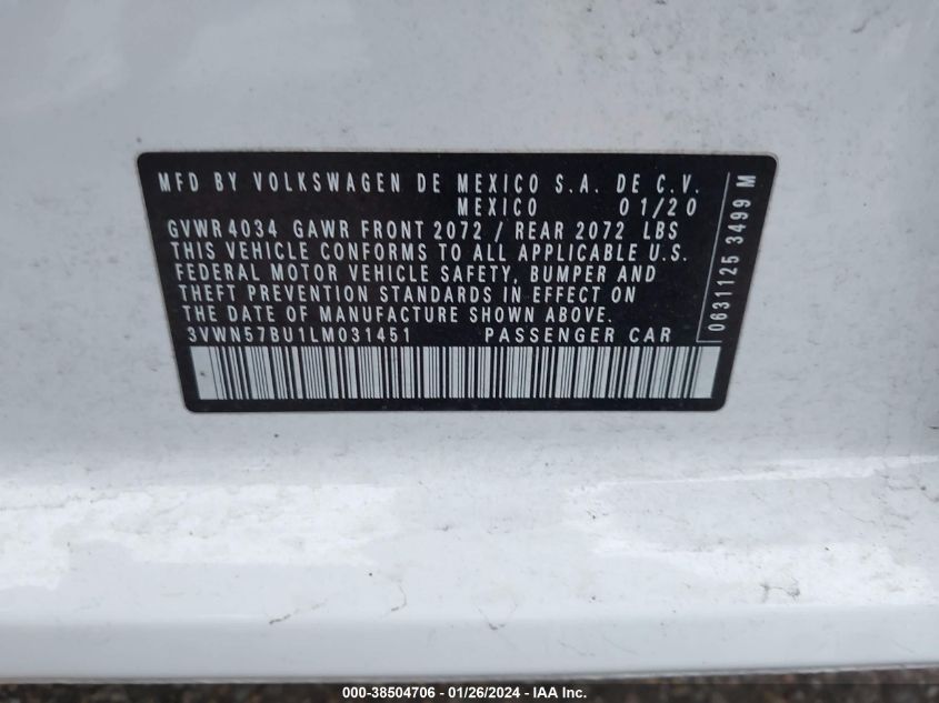 2020 VOLKSWAGEN JETTA S/R-LINE - 3VWN57BU1LM031451