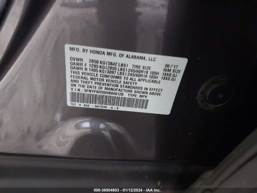 2017 HONDA PILOT EXL - 5FNYF6H55HB046120
