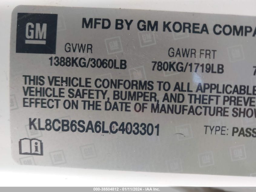 2020 CHEVROLET SPARK FWD LS AUTOMATIC - KL8CB6SA6LC403301