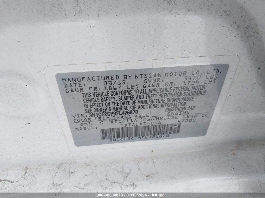 2015 NISSAN VERSA NOTE S/S PLUS/SV/SL/SR - 3N1CE2CP9FL426870