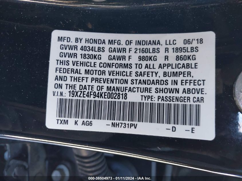 2019 HONDA INSIGHT TOURING - 19XZE4F94KE002818