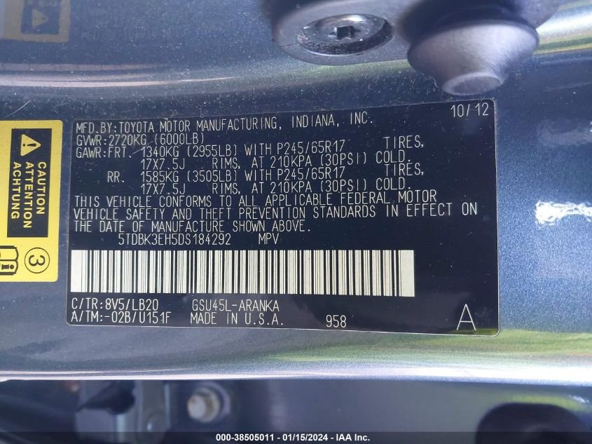 2013 TOYOTA HIGHLANDER PLUS/SE - 5TDBK3EH5DS184292