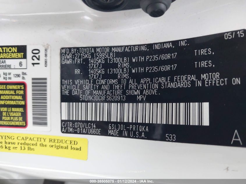 2015 TOYOTA SIENNA XLE/LIMITED - 5TDYK3DC8FS620913