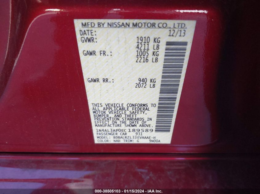 2014 NISSAN ALTIMA 2.5 S - 1N4AL3AP0EC189589