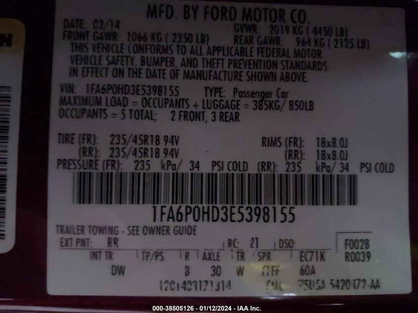 2014 FORD FUSION SE - 1FA6P0HD3E5398155