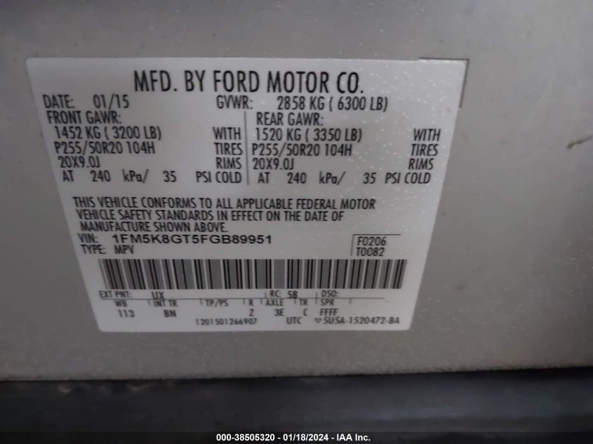 2015 FORD EXPLORER SPORT - 1FM5K8GT5FGB89951