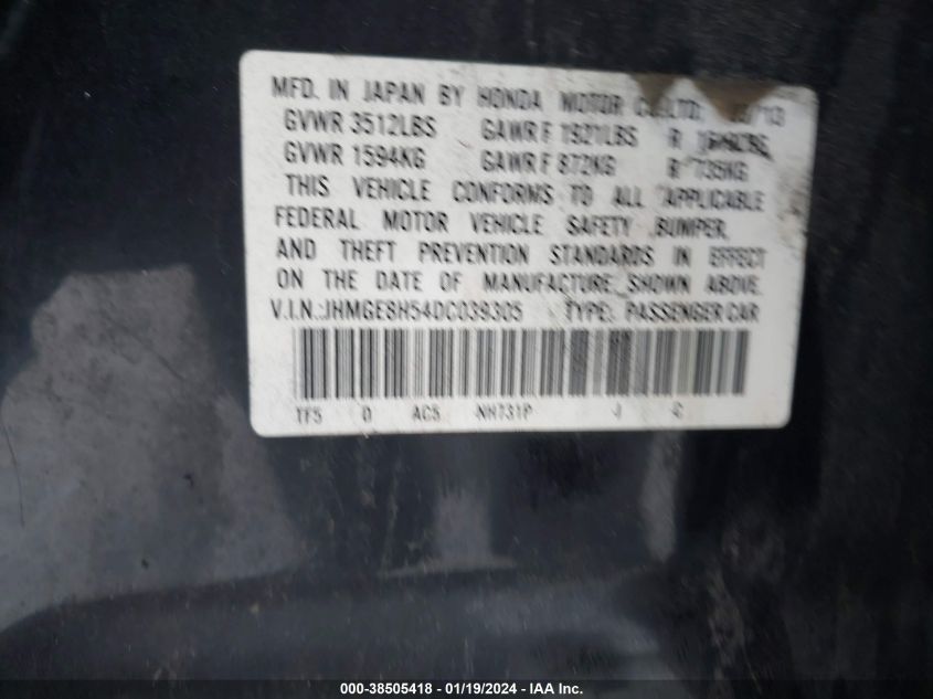 2013 HONDA FIT SPORT - JHMGE8H54DC039305