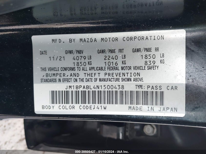 VIN JM1BPABL4N1500438 2022 MAZDA MAZDA3 SELECT