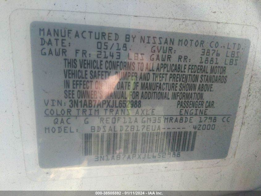 2018 NISSAN SENTRA S/SV/SR/SL - 3N1AB7APXJL652988