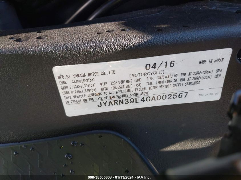 2016 YAMAHA YZFR1 JYARN39E4GA002567