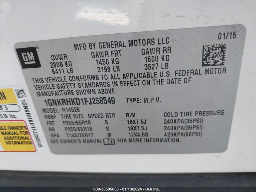 2015 CHEVROLET TRAVERSE 2LT - 1GNKRHKD1FJ258549