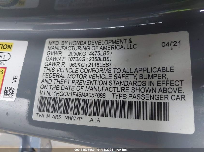 2021 HONDA ACCORD SPORT SE - 1HGCV1F43MA057888