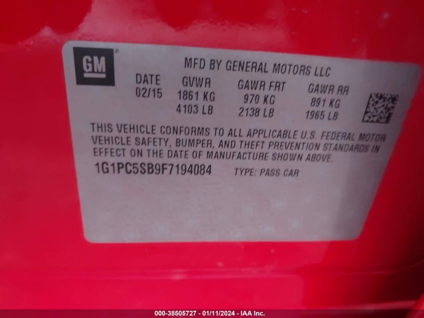 2015 CHEVROLET CRUZE 1LT AUTO - 1G1PC5SB9F7194084