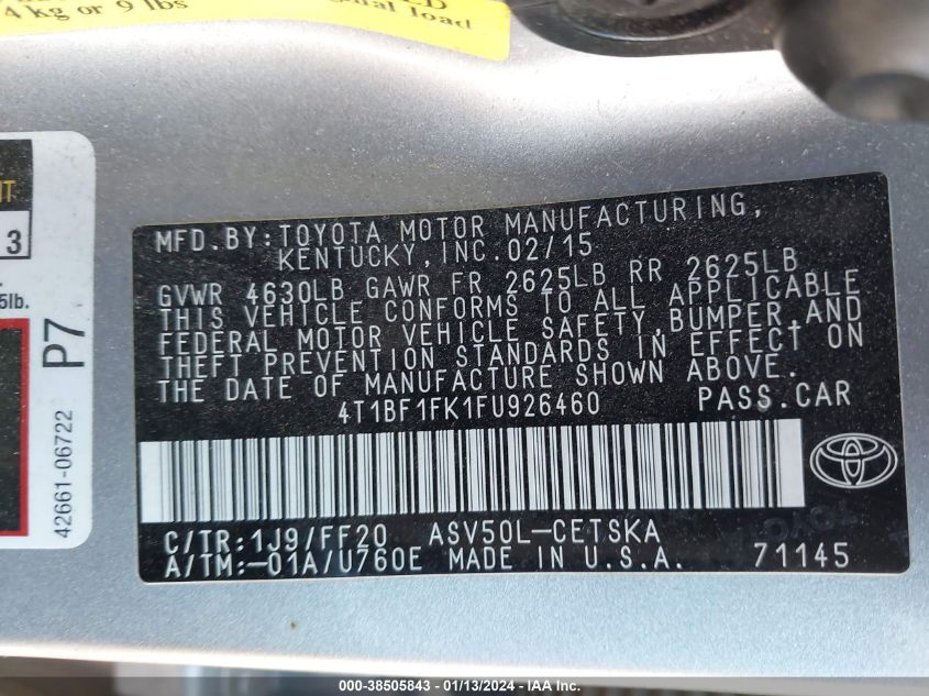2015 TOYOTA CAMRY SE - 4T1BF1FK1FU926460
