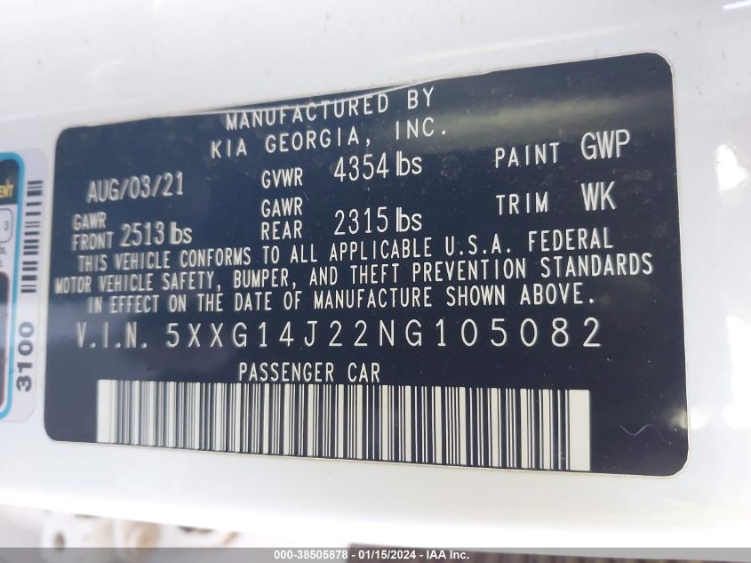 2022 KIA K5 LXS - 5XXG14J22NG105082