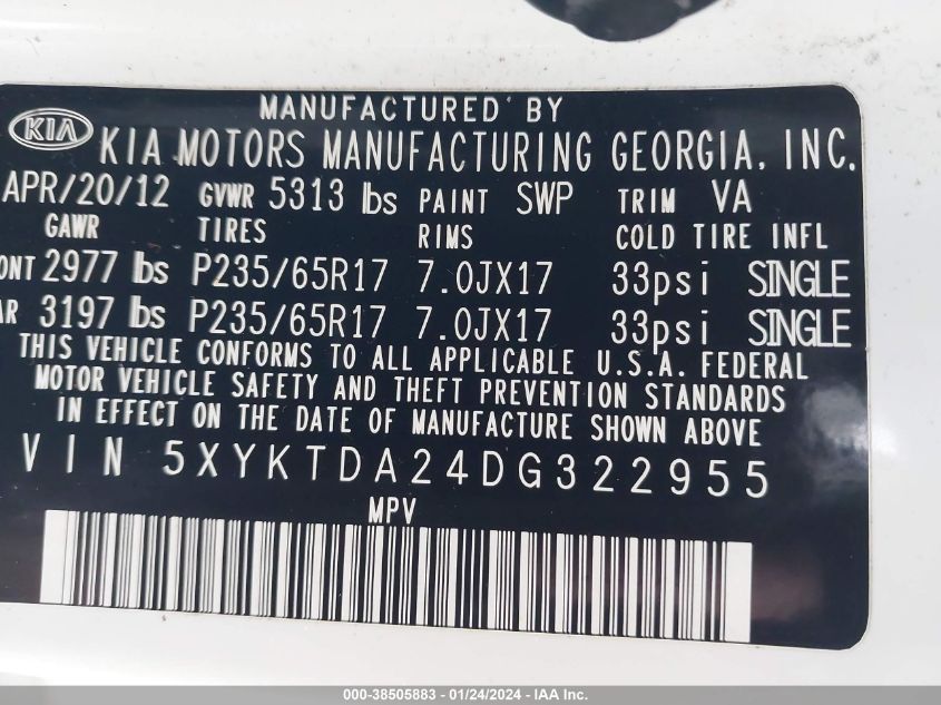 2013 KIA SORENTO LX - 5XYKTDA24DG322955