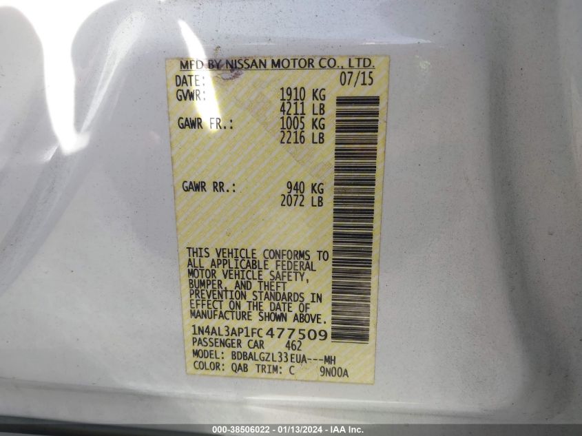 2015 NISSAN ALTIMA 2.5 S - 1N4AL3AP1FC477509