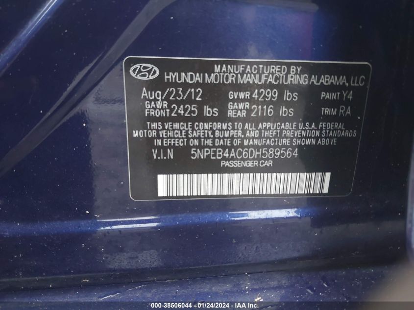 2013 HYUNDAI SONATA GLS - 5NPEB4AC6DH589564