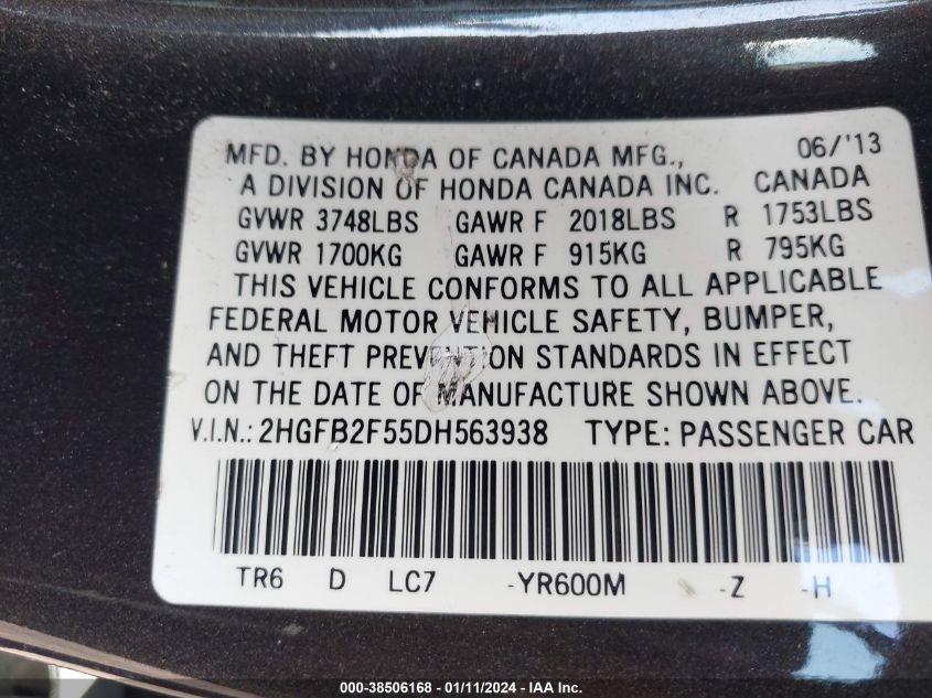 2013 HONDA CIVIC LX - 2HGFB2F55DH563938