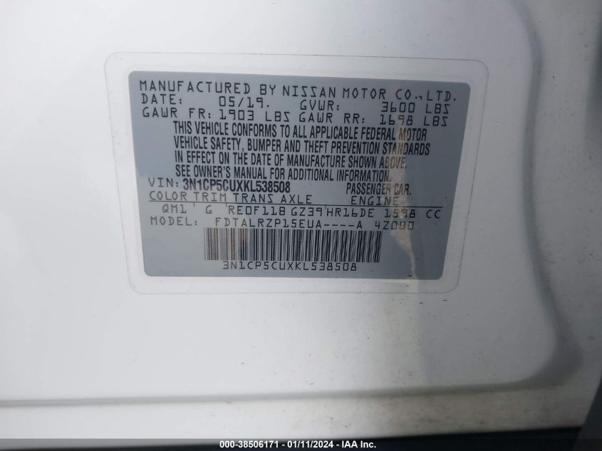 2019 NISSAN KICKS S - 3N1CP5CUXKL538508
