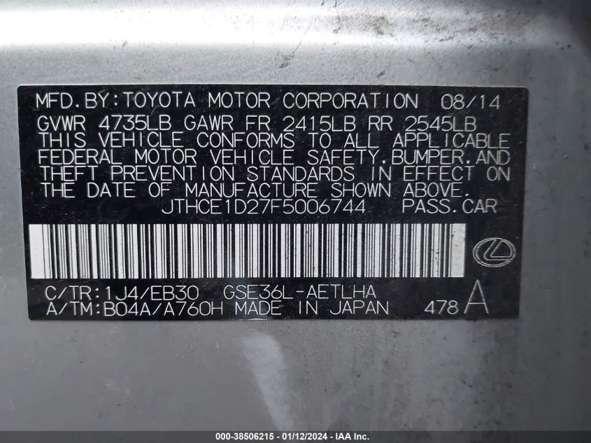 2015 LEXUS IS 350 - JTHCE1D27F5006744