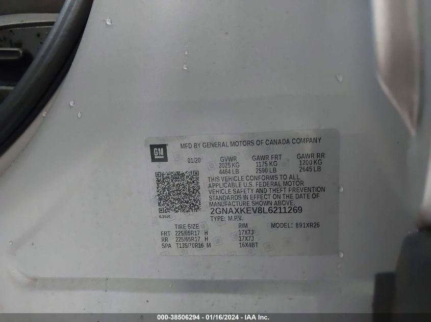 2020 CHEVROLET EQUINOX LT - 2GNAXKEV8L6211269