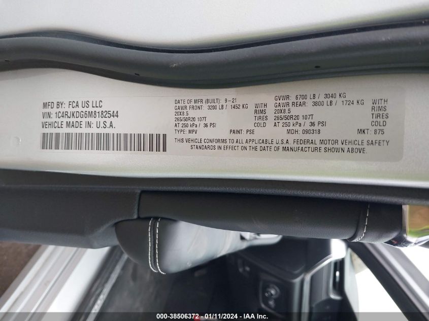 2021 JEEP GRAND CHEROKEE L OVERLAND 4X4 - 1C4RJKDG6M8182544