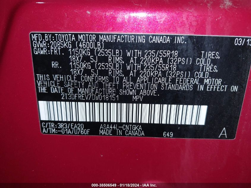 2013 TOYOTA RAV4 LIMITED - 2T3DFREV7DW018151