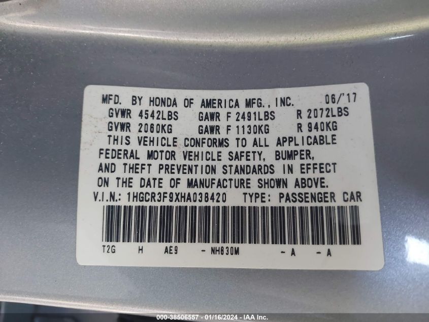 2017 HONDA ACCORD TOURING - 1HGCR3F9XHA038420