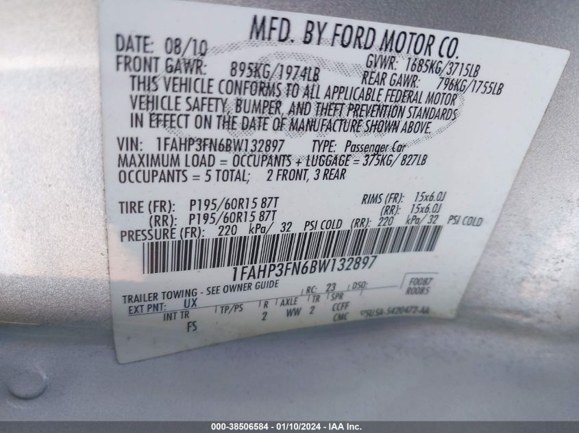 1FAHP3FN6BW132897 | 2011 FORD FOCUS