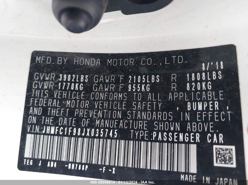 2018 HONDA CIVIC TOURING - JHMFC1F98JX035745