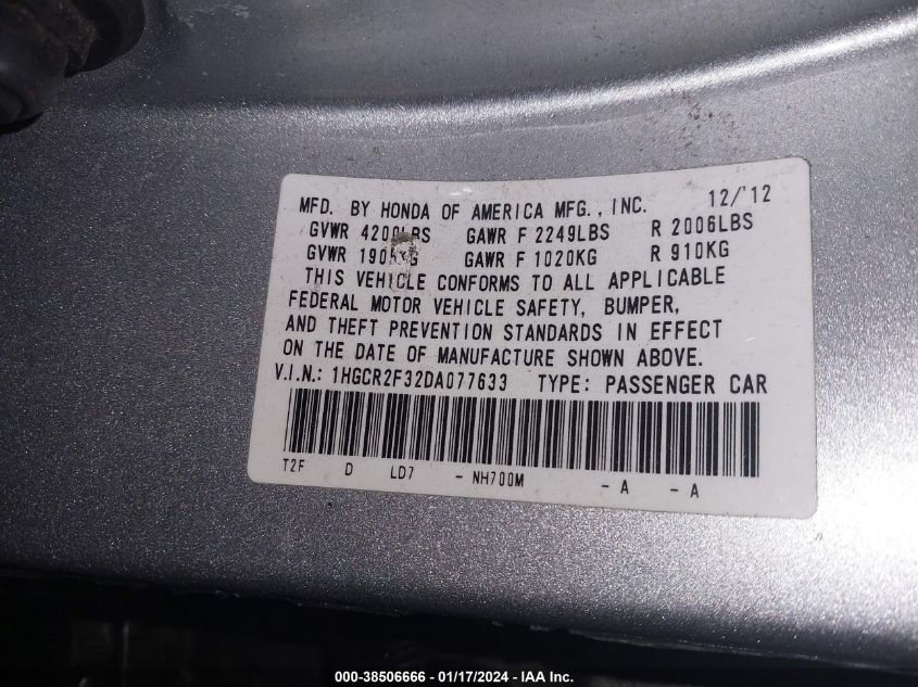 2013 HONDA ACCORD LX - 1HGCR2F32DA077633