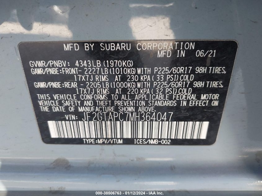 2021 SUBARU CROSSTREK PREMIUM - JF2GTAPC7MH364047