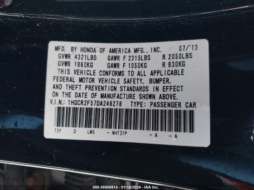 2013 HONDA ACCORD SPORT - 1HGCR2F57DA248278