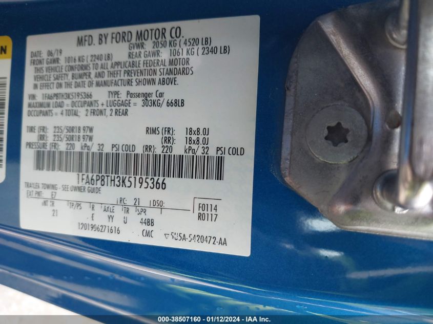 2019 FORD MUSTANG - 1FA6P8TH3K5195366