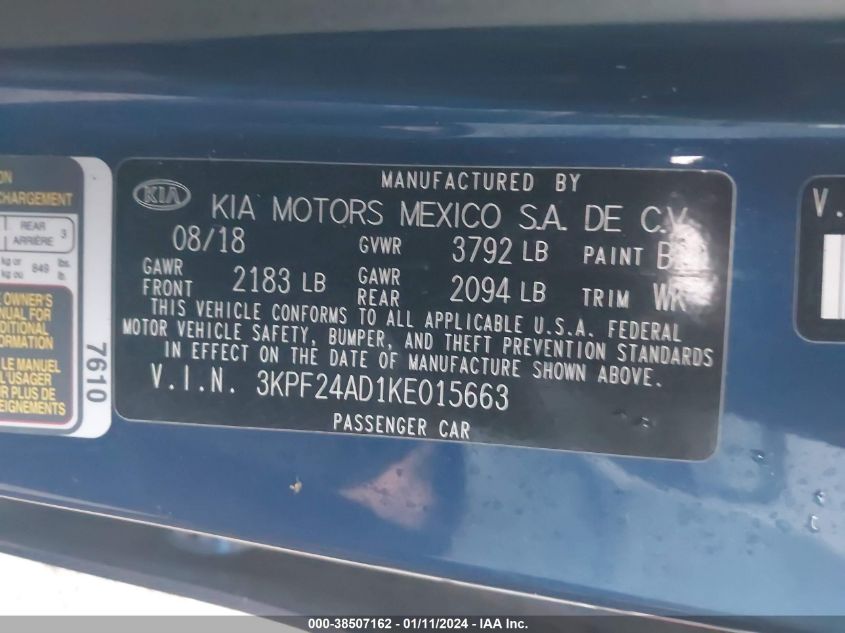 2019 KIA FORTE LXS - 3KPF24AD1KE015663