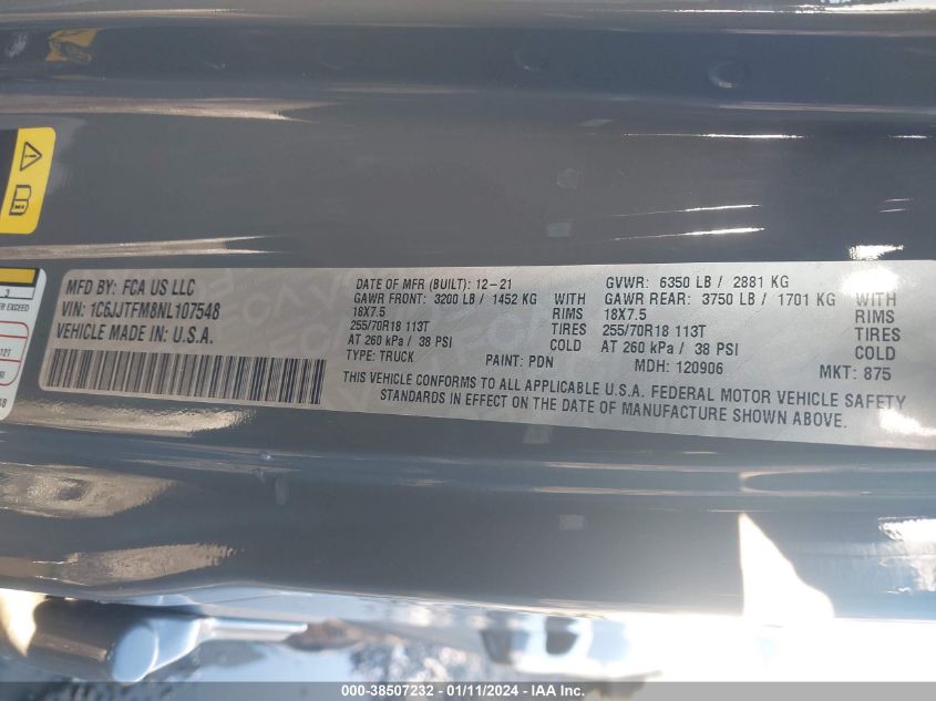 2022 JEEP GLADIATOR OVERLAND - 1C6JJTFM8NL107548