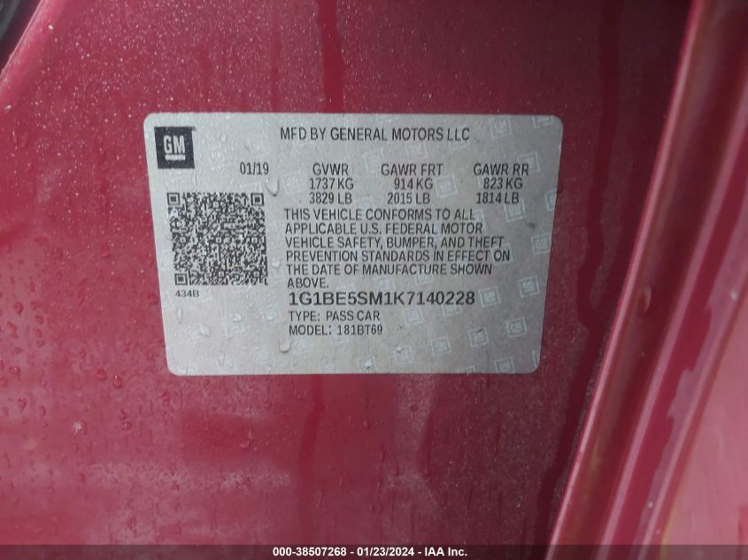 2019 CHEVROLET CRUZE LT - 1G1BE5SM1K7140228