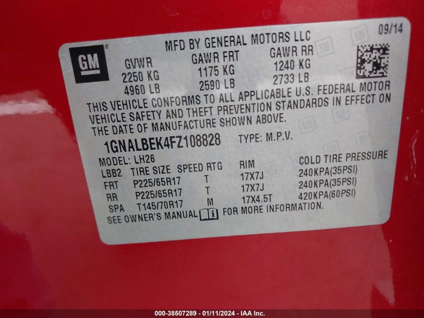 2015 CHEVROLET EQUINOX 1LT - 1GNALBEK4FZ108828