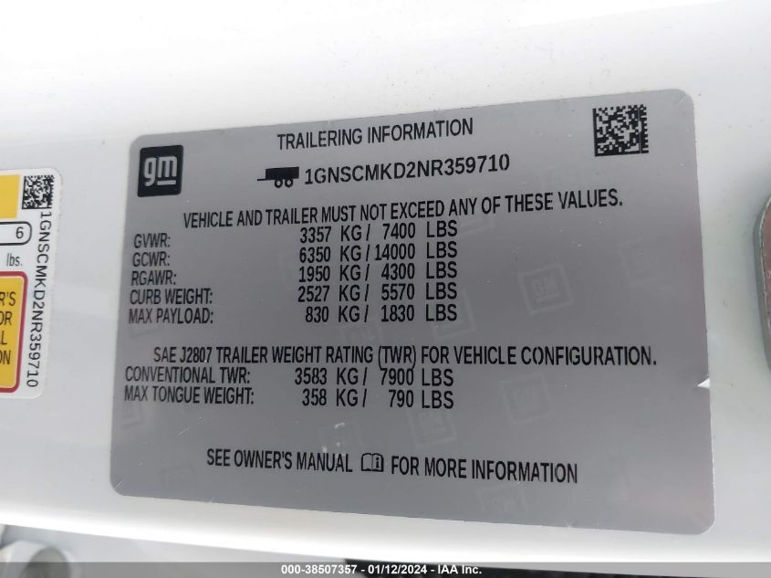 2022 CHEVROLET TAHOE C1500  LS - 1GNSCMKD2NR359710