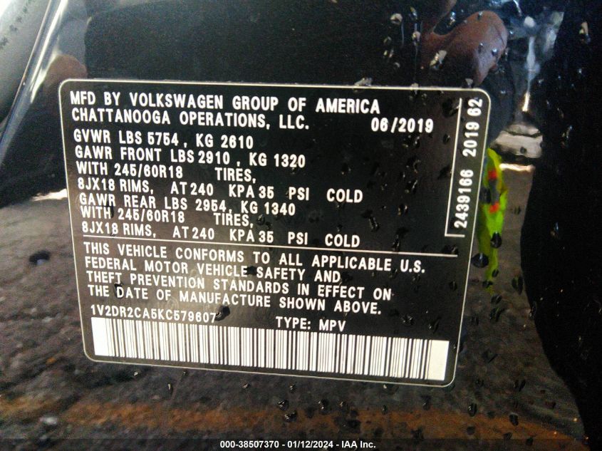 2019 VOLKSWAGEN ATLAS SE - 1V2DR2CA5KC579607