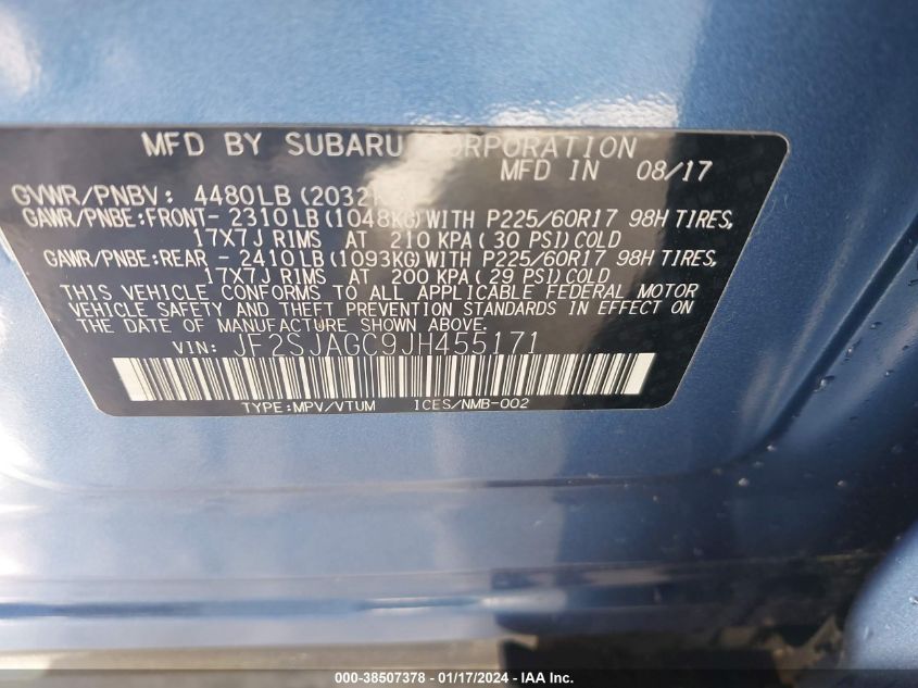 2018 SUBARU FORESTER 2.5I PREMIUM - JF2SJAGC9JH455171